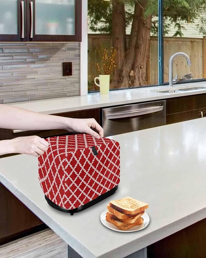 Toaster Cover 4 Slice Moroccan Pattern Toaster Oven Cover with Pockets Geometric Trellis Red Dustproof Bakeware Protector Small Kitchen Appliance Dust Covers and Fingerprint Protection for Women
