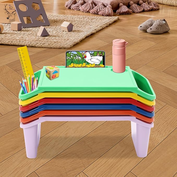 Set of 6 Kids Lap Desk Tray, Portable Activity Table, Plastic, Stackable for Drawing, Writing, Eating, Classroom, 19.69" L x 9.84" W x 7.09" H, (Red+Green+Yellow+Purple+Orange+Blue)