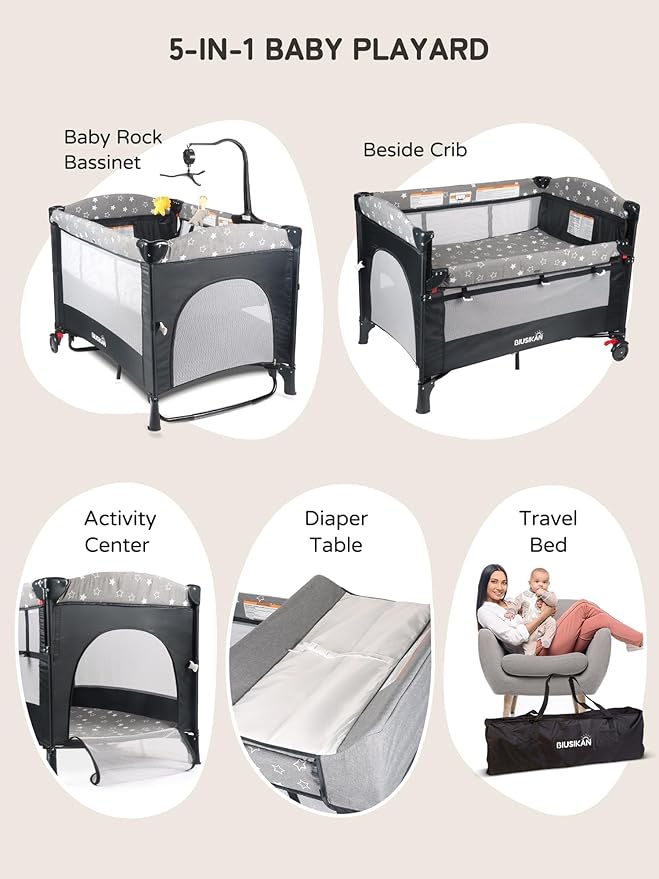 Bedside Bassinet for Baby, Portable Baby Crib with Mosquito Net, Mattress, Diaper Changer, Playpen for Newborn to Toddles, Pack and Play with Bassinet, 5 in 1 Bedside Crib