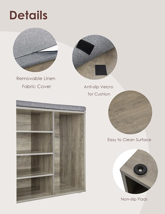 DINZI LVJ Shoe Storage Bench with Cushion, 16-Cubby Shoe Rack, Adjustable Shelves, Multifunctional Shoe Organizer Bench for Entryway, Mudroom, Hallway, Living Room, Bedroom and Garage, Gray Wash