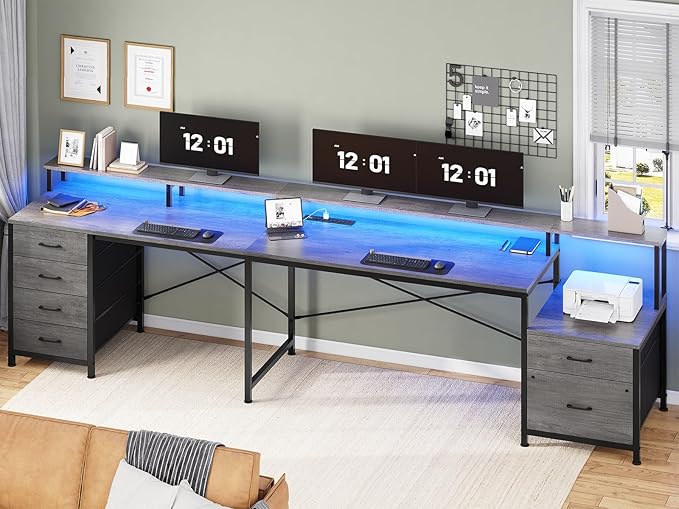 SEDETA L Shaped Desk with 6 Drawer, 108" Home Office Desk with File Drawer & Power Outlet, Corner Computer Desk with Monitor Shelf, Two Person Desk, Gaming Desk with Led Lights, Grey