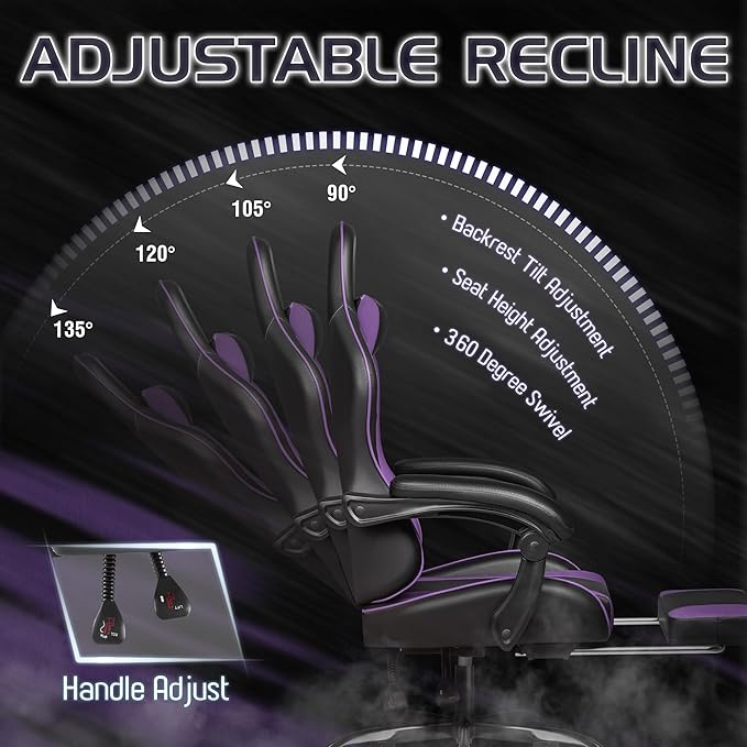 Homall Gaming Chair, Video Game Chair with Footrest and Massage Lumbar Support, Ergonomic Computer Chair Height Adjustable with Swivel Seat and Headrest (Purple)