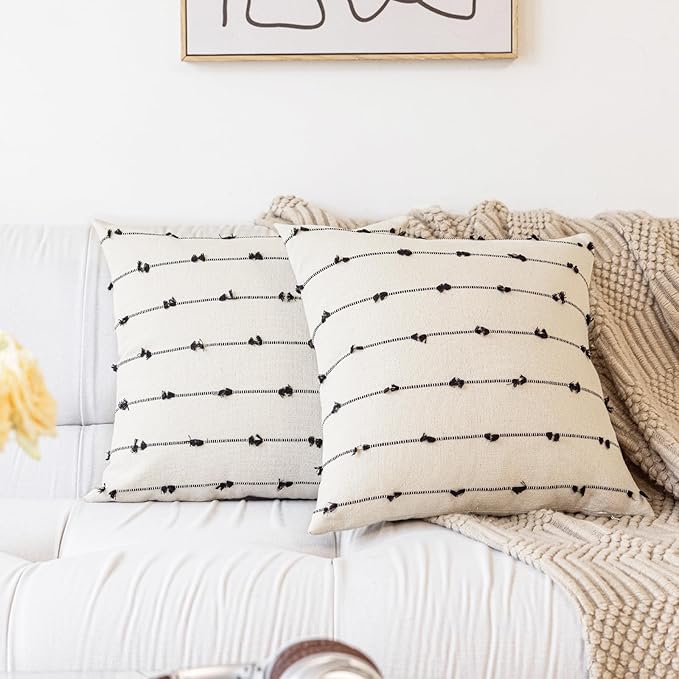 Boho Throw Pillow Covers 26x26 Set of 2 Modern Farmhouse Decorative Cushion Case Tufted Square Pillows Cover Neutral Pillow Cases Accent Pillowcase for Sofa,Couch,Bed,Beige and Black