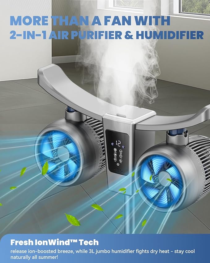 45" Oscillating Fan with Air Purifier & Humidifier | 5D 285° Air Circulator Misting Fan | 12-Speed Quiet DC Motor | Remote & Panel Touch Control | 12H Timer | Adjustable Height, Floor/Tabletop Use