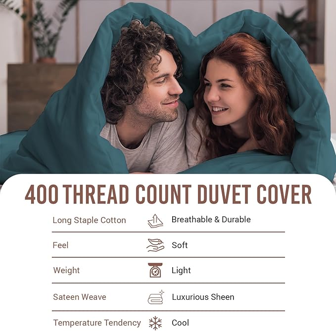 Pizuna Pure 100% Cotton Queen Duvet Cover Set, Luxurious 400 Thread Count Long Staple Cotton Sateen Weave with Button Closure (Combed Peacock Blue Cotton Duvet Cover Queen)