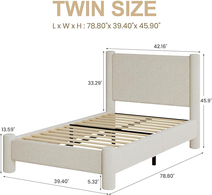 Twin Size Bed Frame, Boucle Upholstered Platform Bed with Headboard and Footboard, Soft Rounded Corners, No Box Spring Required, Easy Assembly, Cream