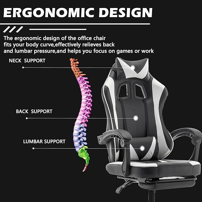 Gaming Chair,Big and Tall Massage Video Game Chairs,Lumbar Support Footrest Padded Armrest Adjustable Height Swivel,300lb Capacity, Comfy Racing Gaming Chairs for Adult Kids (White)