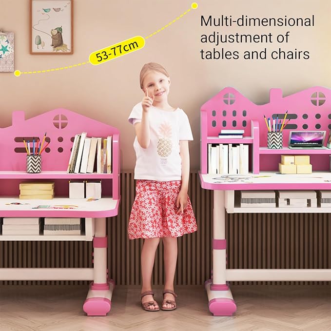Kids Desk and Chair Set, Height Adjustable Children Study Desk, Golden Distance Preventing Myopia Design, Children Study Desk with Spacious Storage Drawer for Boys Girls School Home Study Tool (Pink)