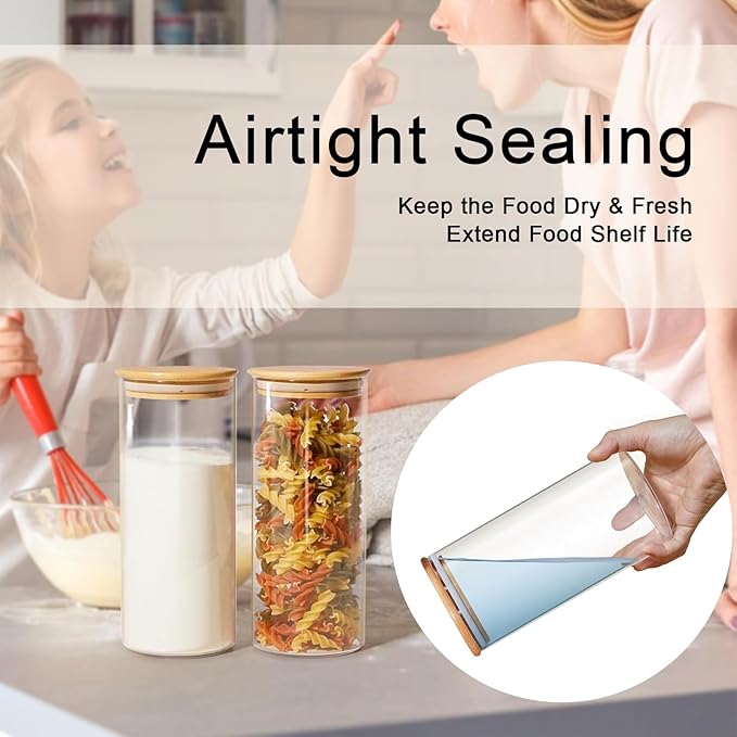 umieo Large Glass Flour and Sugar Containers 50oz Set of 2, Glass Jar with Airtight Lids, Clear Storage Containers with Bamboo Lids for Rice, Oat, Nuts, Candy, Cereal, Coffee, Beans