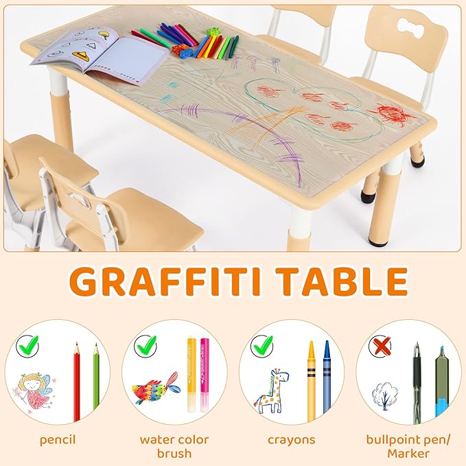 Arlopu Kids Table and 4 Chair Set, Height Adjustable Toddler Table and Chair Set, Non-Slip Legs, Graffiti Desktop, Large Children Activity Table, Reading Daycare Classroom Home (Beige)
