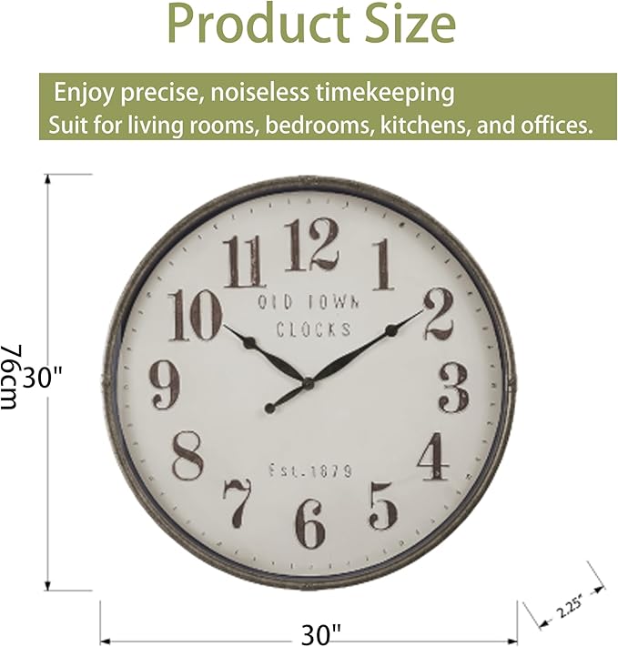 Extra Large Wall Clock, 30 Inch, Coffee White, Silent Non-Ticking Quartz Movement, Battery Operated, Decorative Arabic Numeral, Stylish Clock Living Room, Office, Home Decor