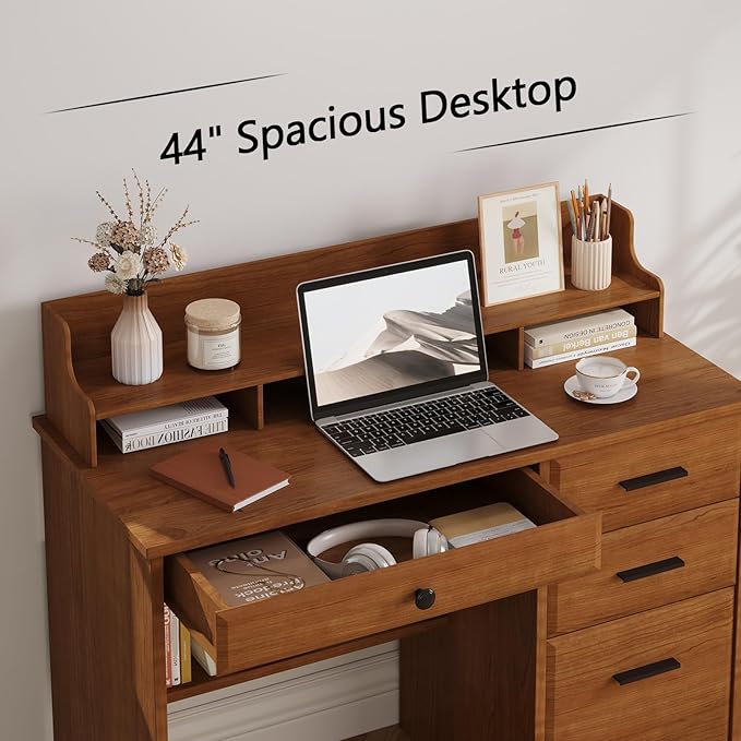 4 EVER WINNER Computer Desk with Drawers for Small Spaces, Home Office Desks with File Cabinet & Monitor Stand, Wood Desk Writing Study Table for Bedroom, Brown