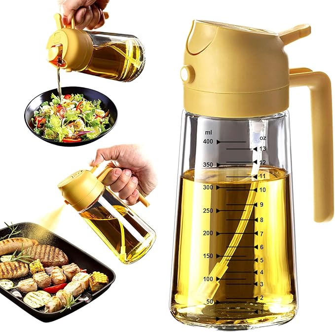 TrendPlain 16oz/470ml Glass Olive Oil Sprayer for Cooking – 2 in 1 Olive Oil Dispenser Bottle for Kitchen Gadgets and Air Fryer Accessories, Salad, BBQ - Yellow