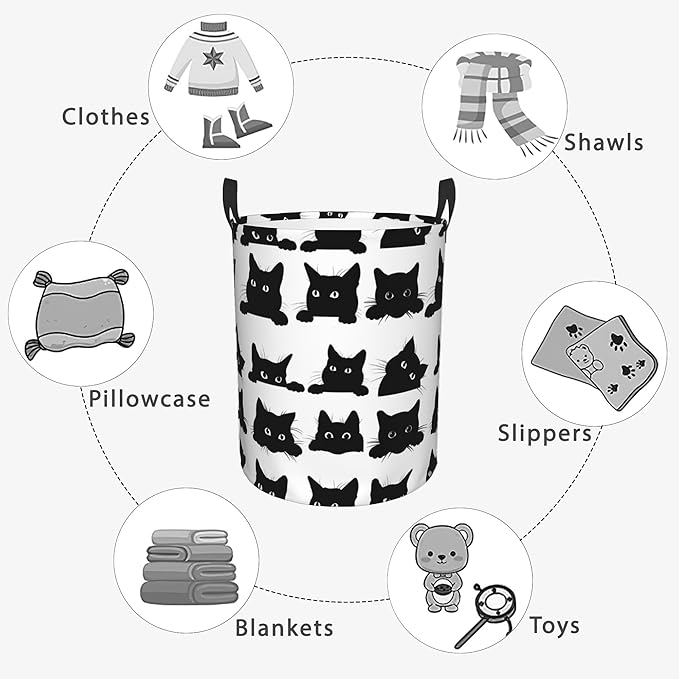 Black Cat Cute Laundry Basket,Waterproof Laundry Hamper,Collapsible Organizer Basket for Storage Bin Toy Bins, Dirty Clothes Laundry Basket for Living Room/Bathroom/Bedroom