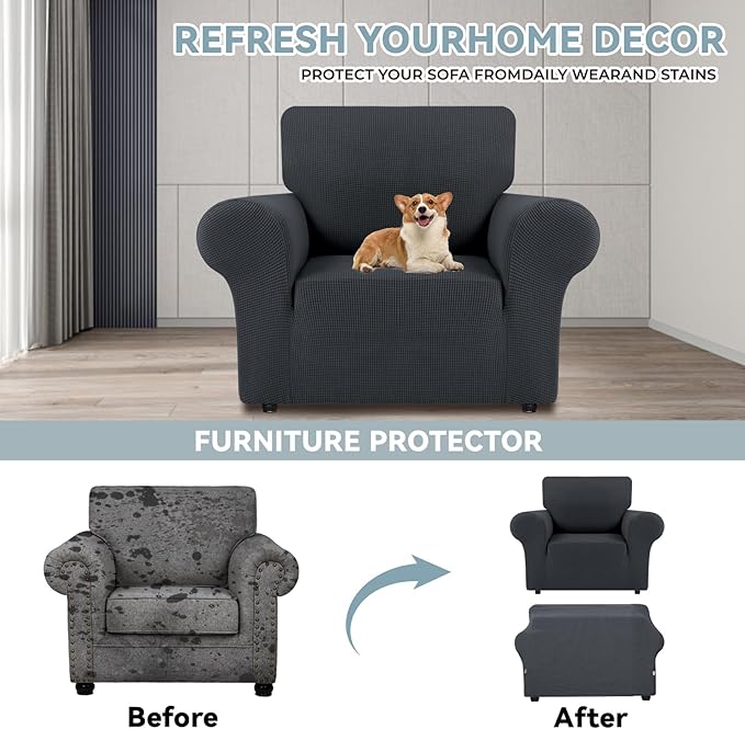 LURKA Stretch Chair Sofa Slipcovers 1 Piece Couch Covers for Sofa Furniture Protector Full Sofa Covers with Elastic Bottom for Kids and Dog (Small, Dark Grey)
