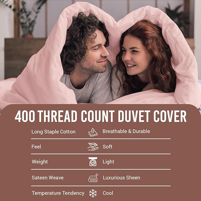 Pizuna Pure 100% Cotton Queen Duvet Cover Set, Luxurious 400 Thread Count Long Staple Cotton Sateen Weave with Button Closure (Combed Light Pink Cotton Duvet Cover Queen)