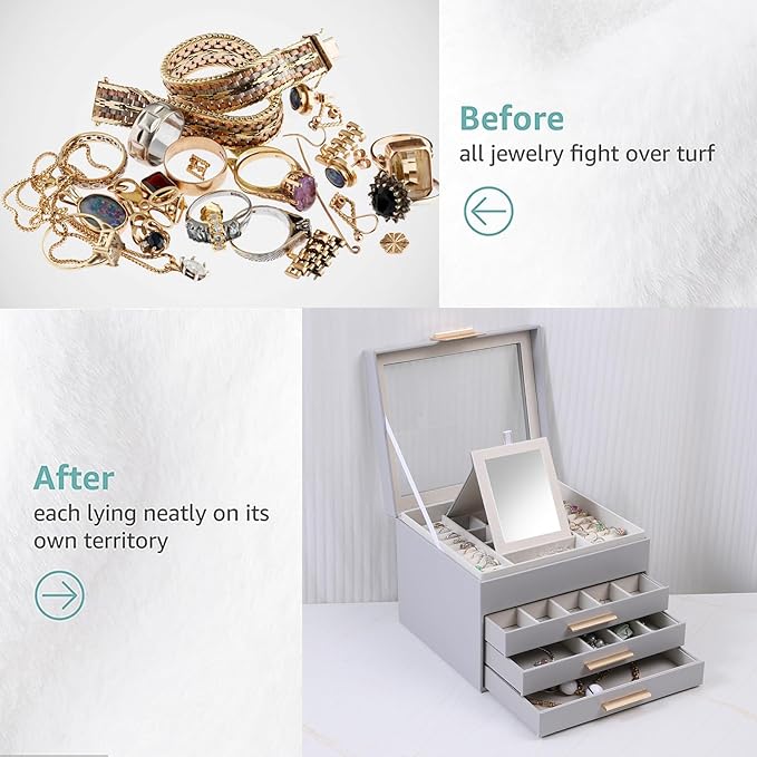 BOOVO Clear Lid Jewelry Box,4 Layers Jewelry Organizer Large Jewelry Storage Box with 3 Drawers,Jewelry Holder Organzier of Rings Earrings Necklace Bracelets for Women (Grey, 4 Layer)