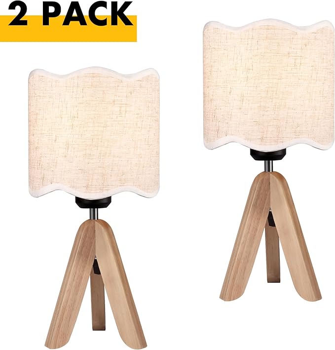 Hamilyeah Bedside Lamps Set of 2, Beige Table Lamps with Scalloped Shade, Fabric Linen Lamps for Night Stands with On/Off Switch, Industrial Desk Lamps for Bedroom, Living Room