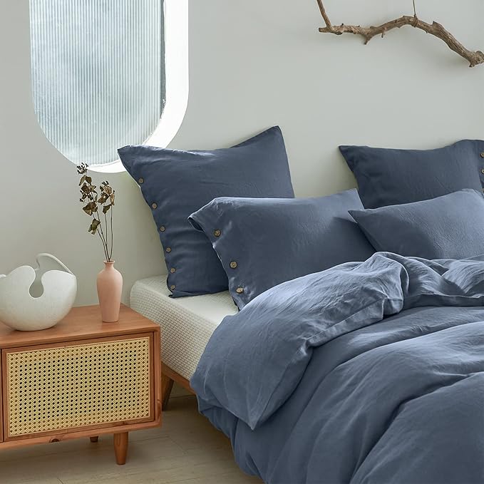Simple&Opulence 100% Washed Linen Euro Sham Cover, 26 x 26 Inch, Decorative Bed Pillow Cover with Coconut Button, Solid Color Pillow Shams Set of 2 (Classic Blue)