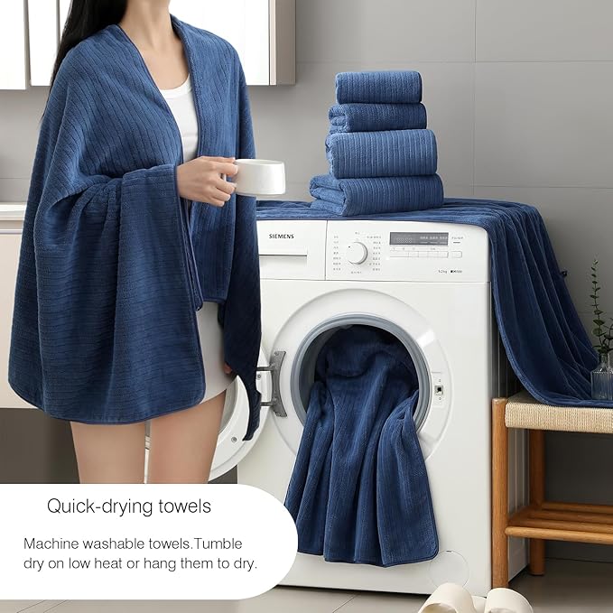 18 Piece Family Bath Towel Set Include 6 Bath Towels,6 Hand Towels and 6 Washcloths Soft Bathroom Towel with Hanging Loops,Highly Absorbent Quick Dry Towels Set for Bathroom,Hotel and Spa-Navy