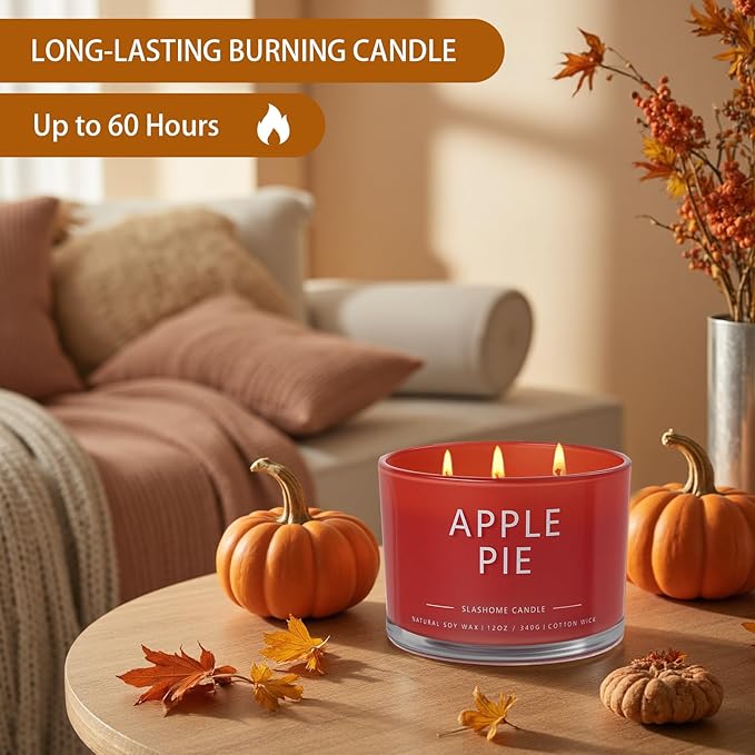 Apple Pie Fall Candle, Large 12oz 3 Wick Luxury Candle, Elegant Autumn Gift for Women & Men, 60+ Hour Burn Time & Non-Toxic, Cozy Fall & Halloween Home Decor