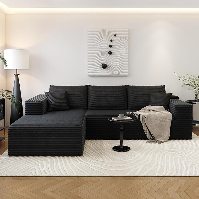 107.5" Cloud Sectional Couch with L-Shape Chaise,Modern Modular Sofa with Deep Seat, Upholstered Couches for Living Room Bedroom Apartments,No Assembly Required, (Black,Left Facing Chaise)