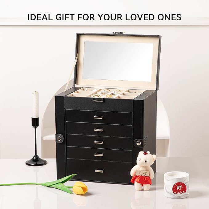 Frebeauty Large Jewelry Box,6-Tier PU Leather Jewelry Organizer,Multi-functional Storage Case with Mirror,Accessories Holder with 5 Drawers for Necklace Bracelets Watches(Black)