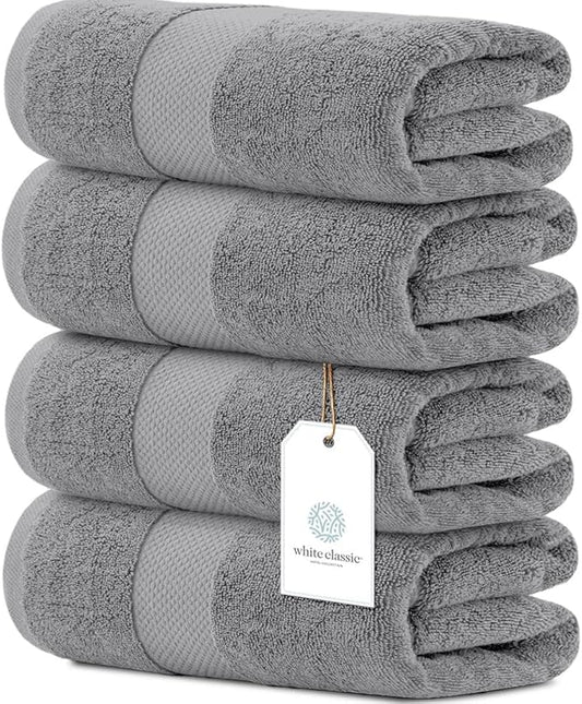 White Classic Luxury Bath Towels Set of 4 Large - 700 GSM Cotton Ultra Soft Bath Towels 27x54 | Highly Absorbent and Quick Dry | Hotel Towels for Bathroom Luxury, Plush Shower Towels, Light Grey