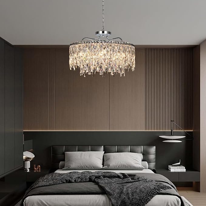 Luxury Crystal Chandelier, 24" Modern Round Dining Room Chandeliers Over Table,8 Lights Chrome Ceiling Pendant Ceiling Lighting for Living Room Bedroom Entryway Foyer Staircase