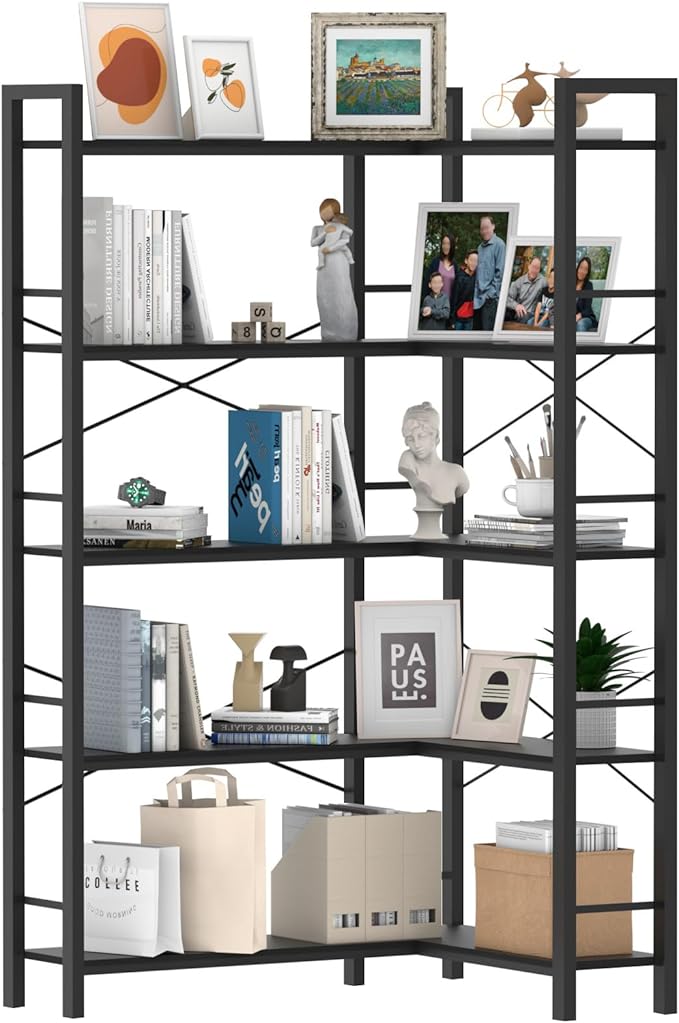 5-Shelf Corner Bookshelf, Large Open Shelf Bookcase,Black Metal Frame, L-Shaped Storage Rack with Cross Braces for Living Room Home Office