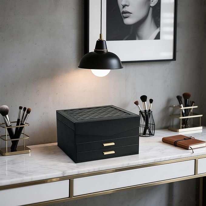 Amearea Jewelry Box Organizer for Women Girls with Mirror, 3-Layer Large Jewelry Storage Case, Synthetic Leather Jewelry Holder Organizer with Removable Tray for Necklaces Earrings Rings, Black