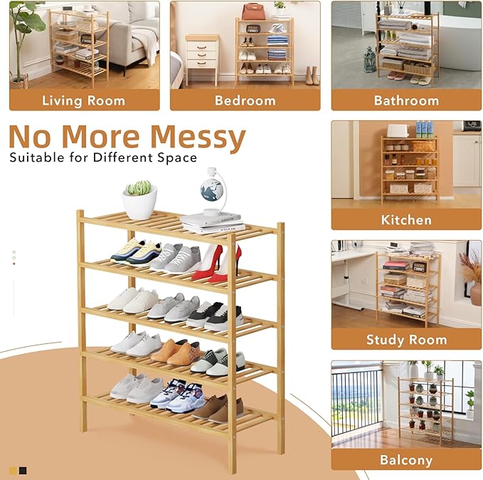 5 Tier Bamboo Shoe Rack Storage Organizer for Closet, Multifunctional Stackable Free Standing Shoe Shelf Organizer for Small Space,Entryway,Hallway,Bathroom 27"x11"x32"(Natural, 5 Tier)