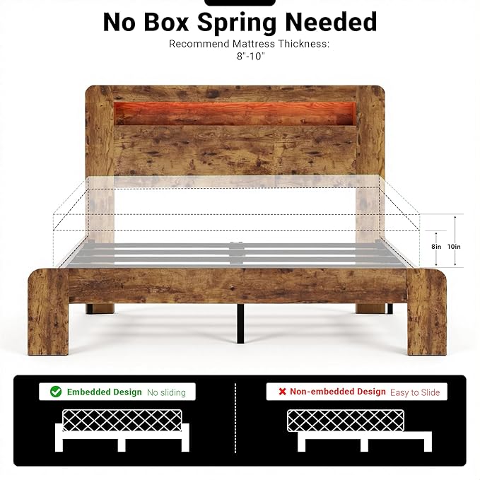 King Bed Frame with Headboard, Wooden Platform Bed Frame King Size with Bookcase Shelf, LED Lights, Charging Station, Heavy Duty Supports, No Box Spring Needed,Dark Brown