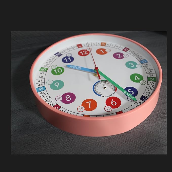Wall Clocks,10Inch Learning Time Clock, Colorful Clock Face Silent Clocks with Simple Thermometer,Clear Digital Wall Clock (Peach Pink)