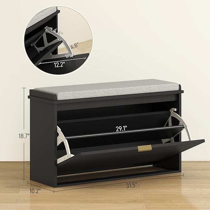 HOMCOM Narrow Shoe Bench with Padded Seat Cushion and Flip-Drawer, Small Entryway Bench Holds up to 265lb, Shoe Cabinet, 31.5x10.2x18.7 Inches, Black