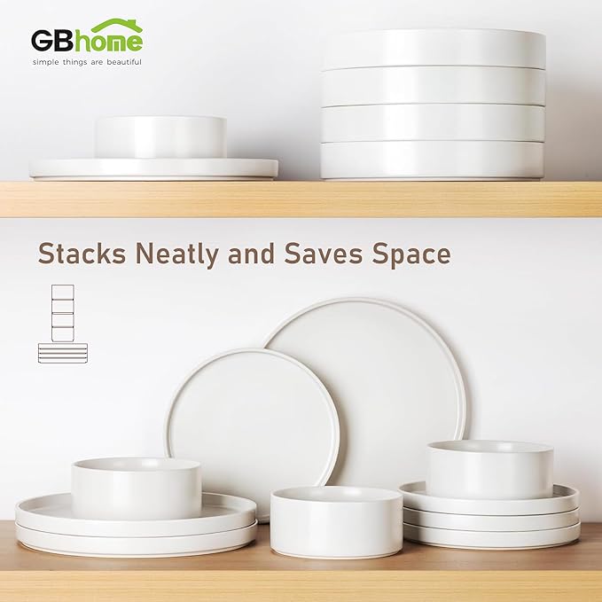 GBhome Ceramic Dinnerware Sets for 6, Matte Stoneware Plates and Bowls Sets,Chip and Scratch Resistant Dishes, Dishwasher & Microwave Safe, Oven safe,Reactive Glaze-White