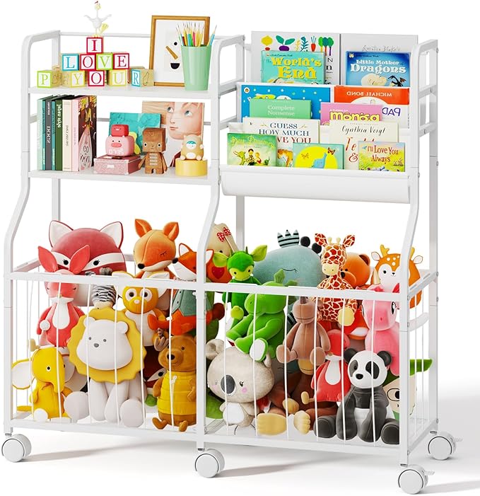BBLIKE Stuffed Animal Storage Organizer - Rolling Kids Bookshelf and Toy Storage with 3 Tiered Book Display and Toy Chest - Rolling Furniture for Kids Room, Playroom, Bedroom, Nursery, White