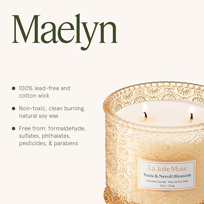 LA JOLIE MUSE Citrus Candle, Yuzu & Neroli Blossom Scented Candles, Luxury Jar Candle Gifts for Women & Men, Large 2-Wick Soy Candles, 60 Hours Long Burning, 12oz