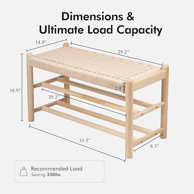 Solid Wood Entryway Bench with Shoe Storage, Rustic Oak Wood and Woven Design 31.5 Inch Long Seating for Living and Dining Rooms, 3-Tier Nature