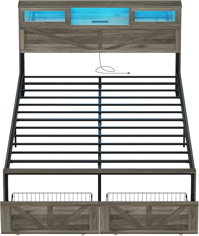 Yoobure Farmhouse Queen Bed Frame with Headboard - Bed Frame Queen Size with Charging Station & LED Lights, Wood Bedframe Queen-Size with 2 Storage Drawer, Platform Beds, No Box Spring Needed, Grey