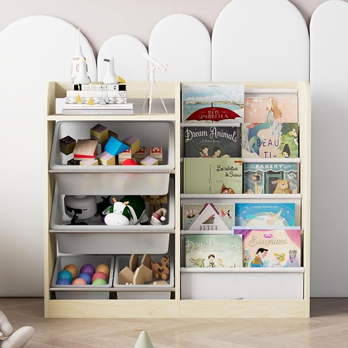 Natural Kids Wood Bookshelf Toy Storage Box Organizer Shelf W/4 Removable Plastic Toy Bins Children Bookcase Toddler Baby Sling Book Rack Cabinet Chest Girl Boy Gift Playroom Classroom Bedroom Nursery