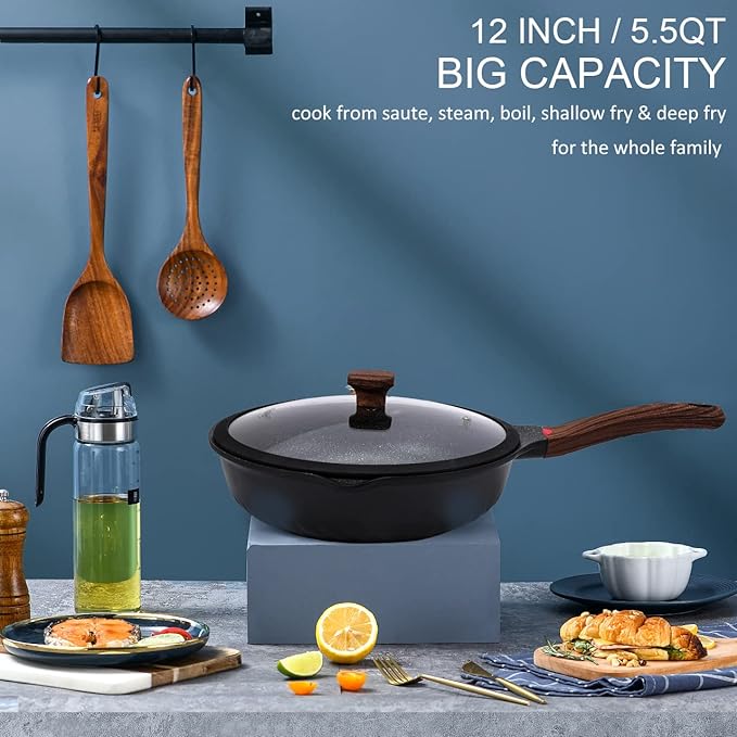 Vinchef Nonstick Deep Frying Pan Saute Pan with Lid, 12in/5.5Qt Fry Pan, German 3C+ Ceramic Coating Technology, Heat Indicator, Induction Compatible