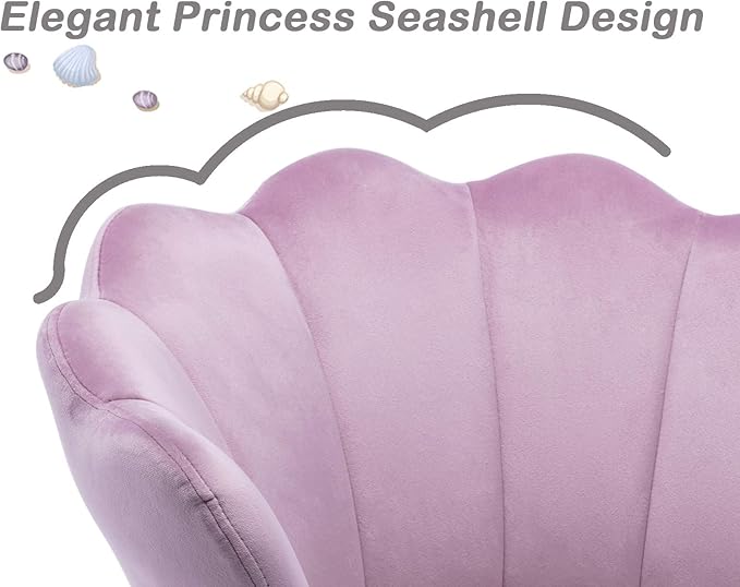 DM Kids Desk Chair Ergonomic Reading Study Adjustable Computer Chair for Students Cute Modern Upholstered Velvet Swivel Rolling Arm Chair with Seashell Back for Girls Bedroom, Purple