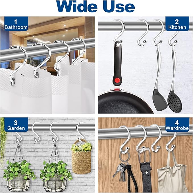 Shower Curtain Hooks Rings, Stainless Steel S Shaped Shower Hooks Rust Proof, Metal Shower Curtain Hangers for Shower Curtains, Kitchen, Wardrobe & Garden, Chrome, Set of 12