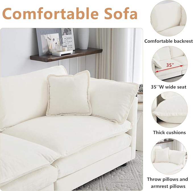 mikibama Luxury Modular Sectional Sofa, 146.5" Modern Chenille Comfy Cloud Couches for Living Room Office, 4 Seater Deep Sofa with 2 Armrest Pillows and 4 Toss Pillows, Beige