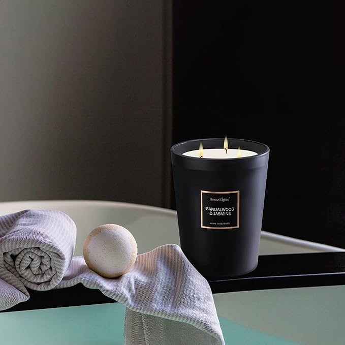 HomeLights Scented Candles | Large Jar 33.3 Oz Natural Soy Candle | 130 hrs with 3 Cotton Wicks, Sandalwood Jasmine Home Fragrance Candles Gift