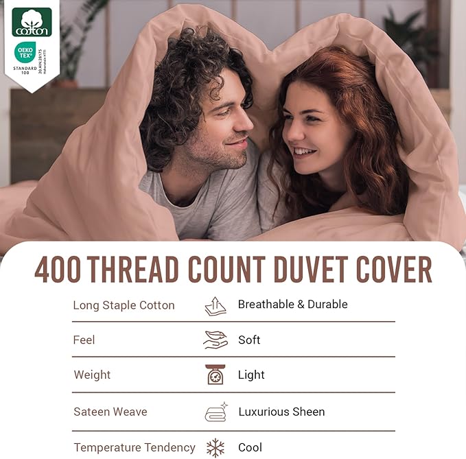Pizuna Pure 100% Cotton Queen Duvet Cover Set, Luxurious 400 Thread Count Long Staple Cotton Sateen Weave with Button Closure (Combed Misty Rose Cotton Duvet Cover Queen)