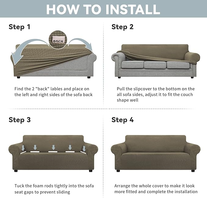 LURKA Stretch Oversized Sofa Slipcovers 1 Piece Couch Covers for 3 Cushion Couch Sofa Furniture Protector Full Sofa Covers with Elastic Bottom for Kids and Pet (X-Large, Khaki)