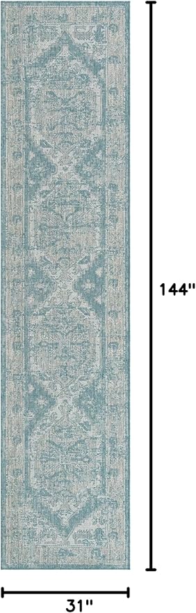 Unique Loom Outdoor Traditional Collection Area Rug - Valeria (2' 7" x 12' Runner, Aqua/ Ivory)