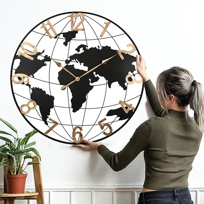 36 Inch Oversized World Map Wall Clock,Large Retro Silent Non-Ticking Battery Operated Clock for Living Room, Bedroom, Office, Kitchen, Black Arabic Numerals